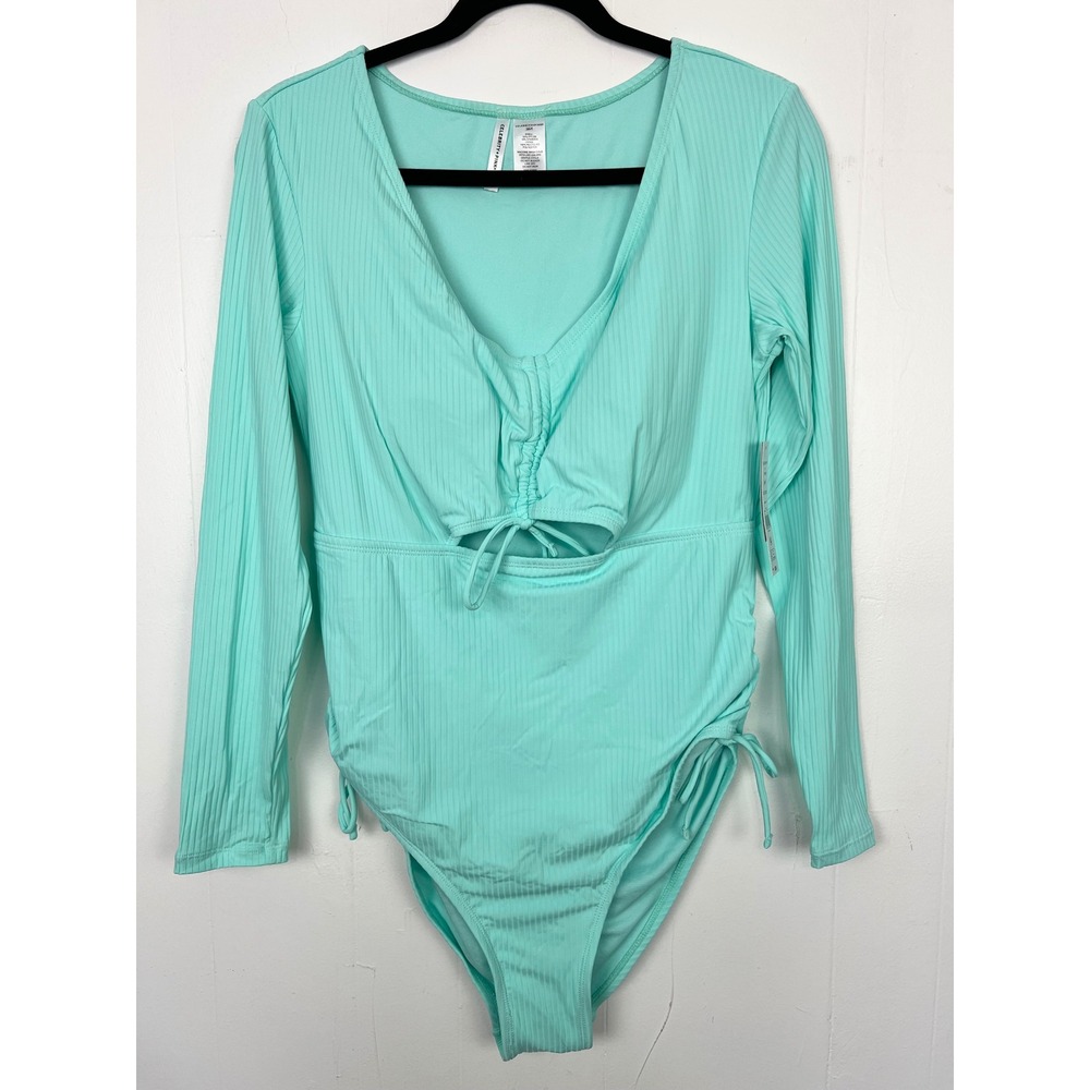 Celebrity Pink Swim Turquoise Ribbed Long Sleeve One Piece Swimsuit XL NWT